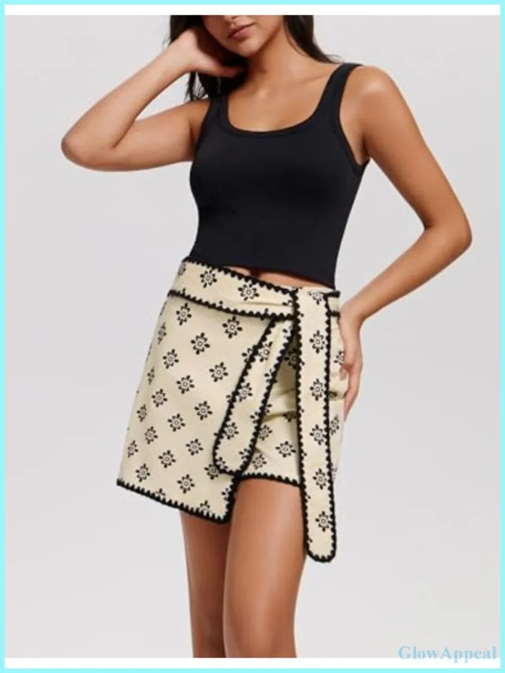 Floral Wrap Mini Skort with Side Knot, Elastic Waist, Boho